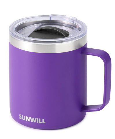 Sunwill insulated coffee mug with purple lid, spill-resistant design for on-the-go use.