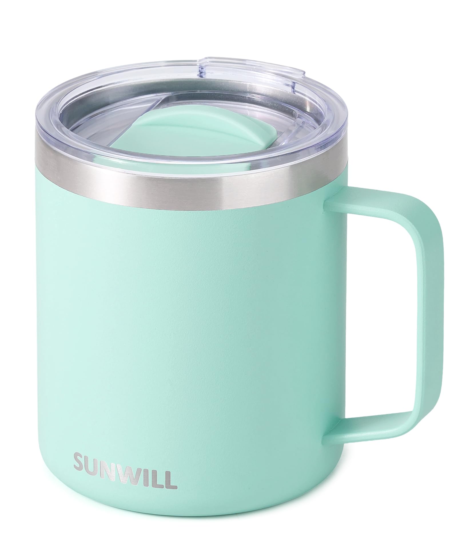 SUNWILL insulated coffee mug mint handle for comfortable grip and hot beverages on the go.