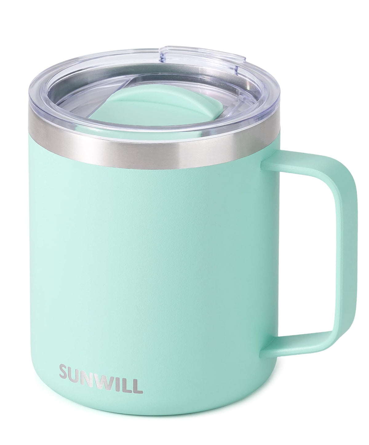 SUNWILL insulated coffee mug mint handle for comfortable grip and hot beverages on the go.