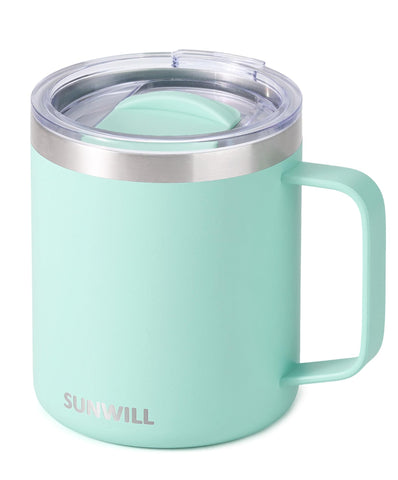 SUNWILL insulated coffee mug mint handle for comfortable grip and hot beverages on the go.