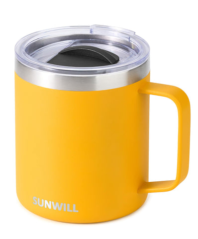 Sunwill insulated coffee mug with yellow lid and handle keeps beverages hot on the go.