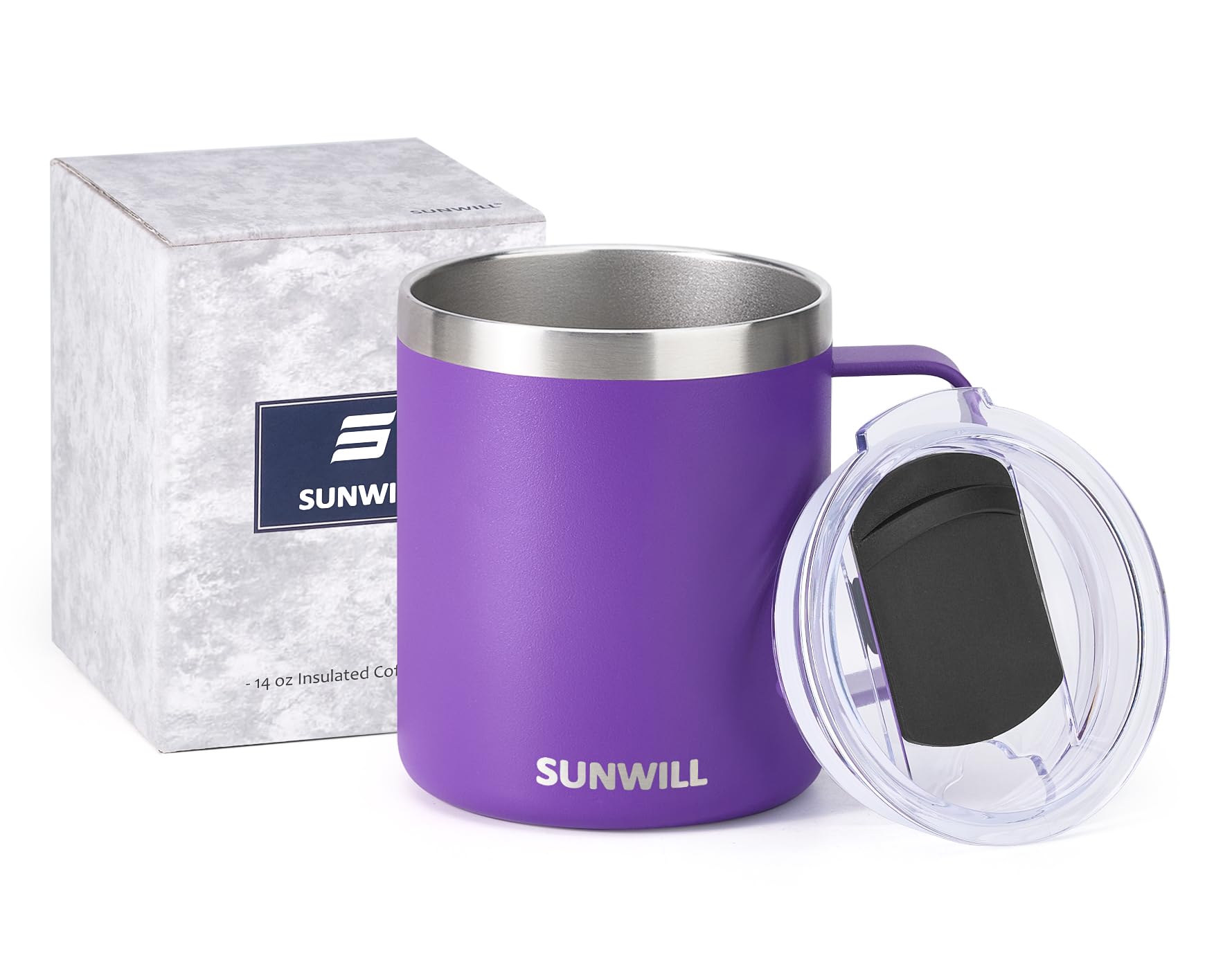 Sunwill mug in camping setup, showcasing durable powder-coated purple finish.
