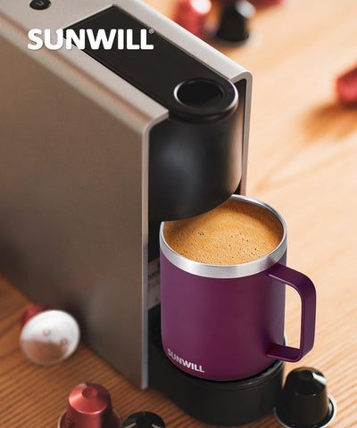 SUNWILL mug shown in office and camping setting for hot or cold beverages
