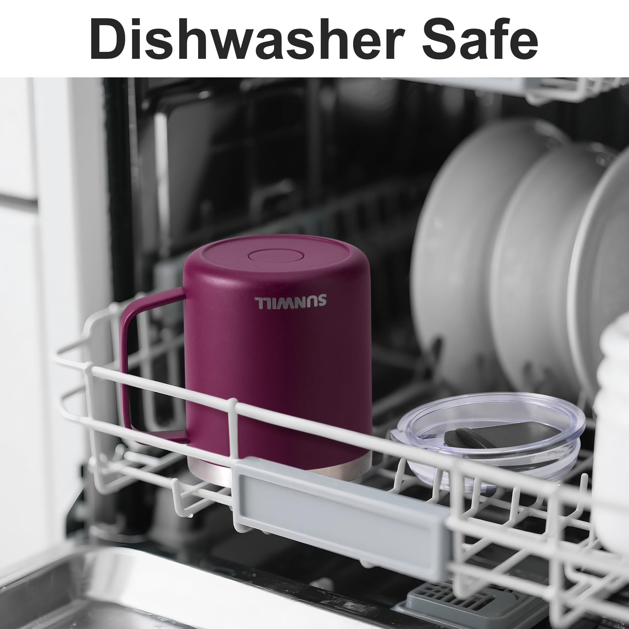 SUNWILL powder-coated plum finish mug highlighting durability