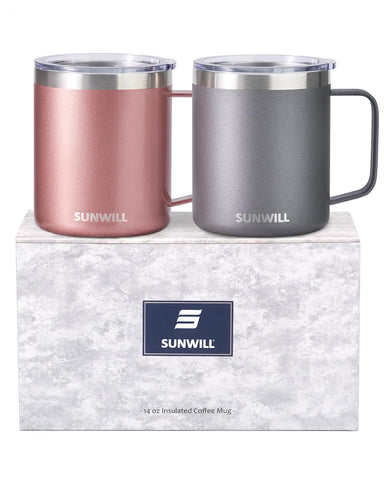 SUNWILL travel mug 14-ounce with cool grey rose-gold finish and comfortable handle