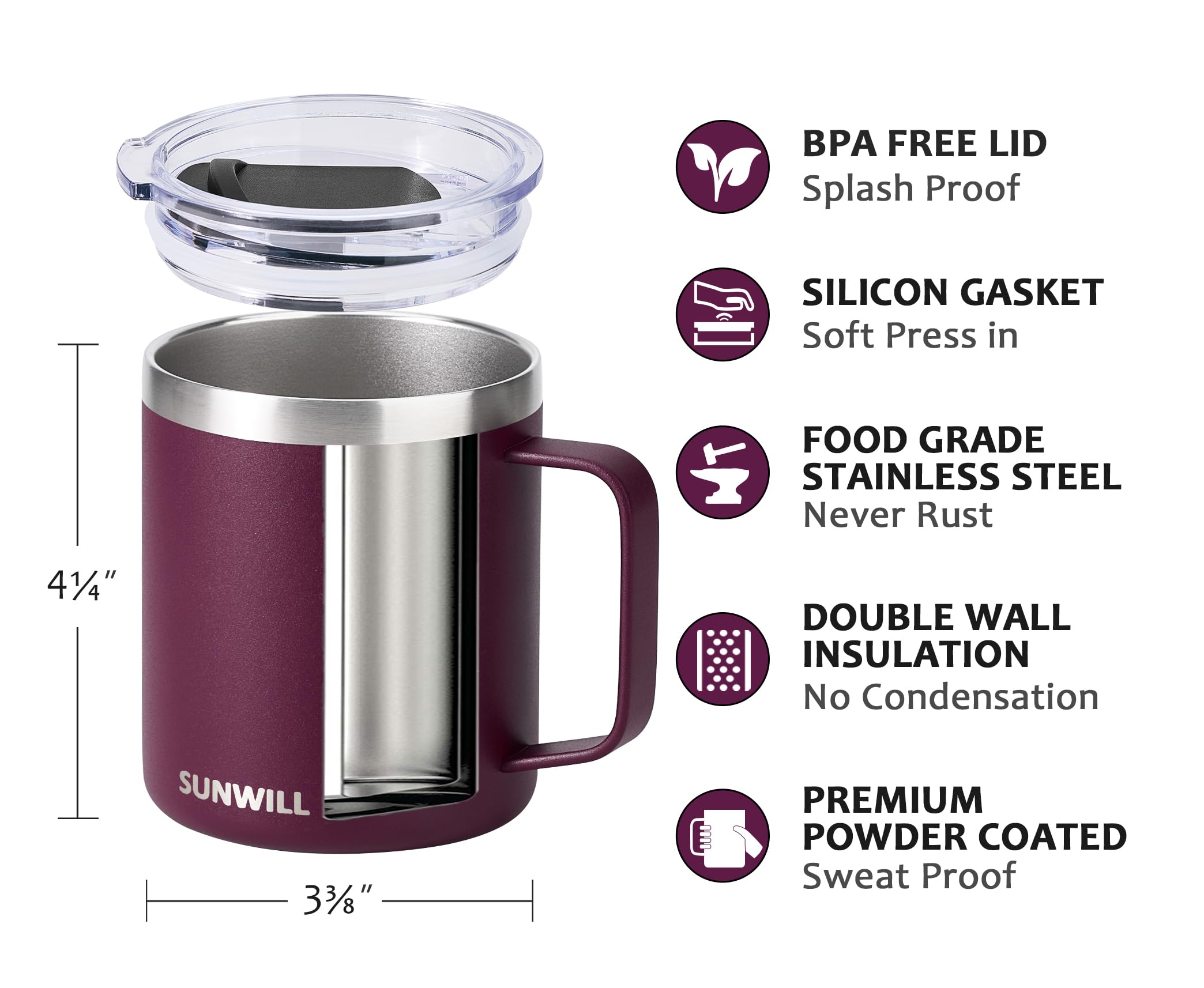 SUNWILL Travel Mug 14 oz plum handle close-up showing grip-friendly design