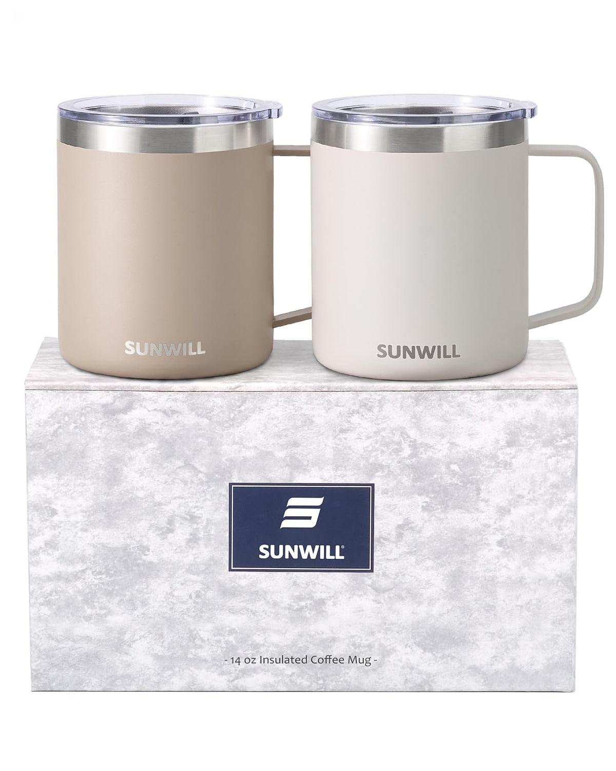 SUNWILL travel mugs 2-pack with cream taupe finish for on-the-go use.