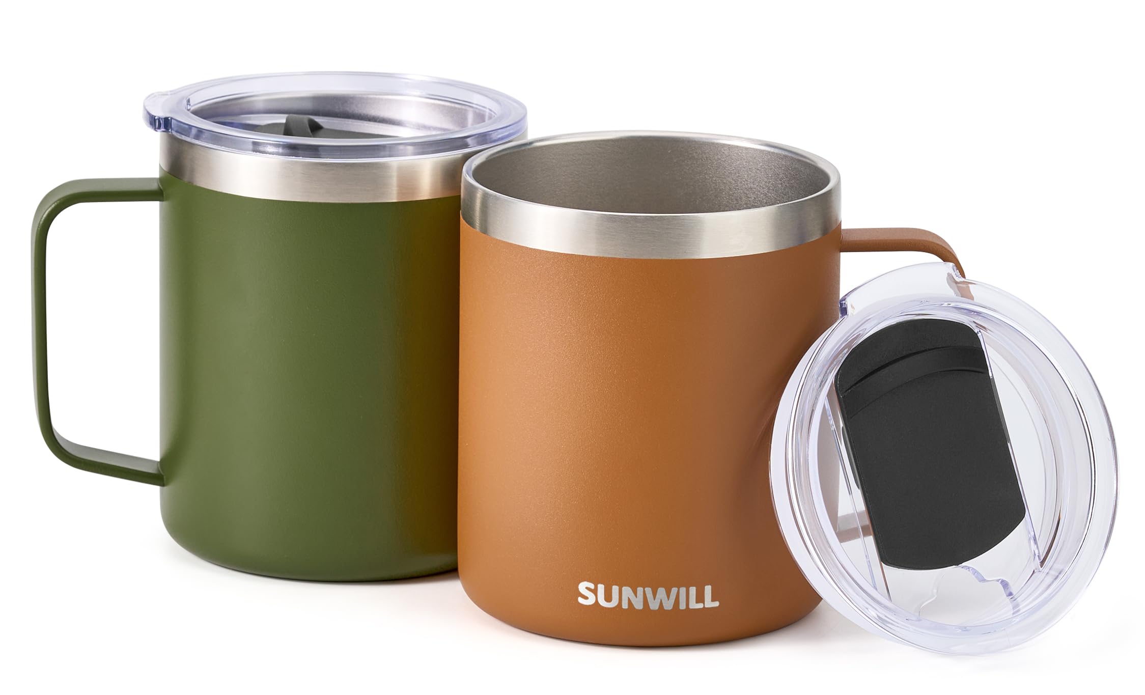 Sunwill travel coffee mug caramel side view 14 oz highlighting grip and finish