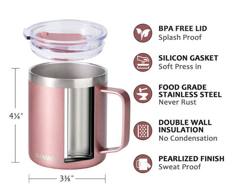 Sunwill insulated 14 oz mug keeps hot and cold drinks for hours.