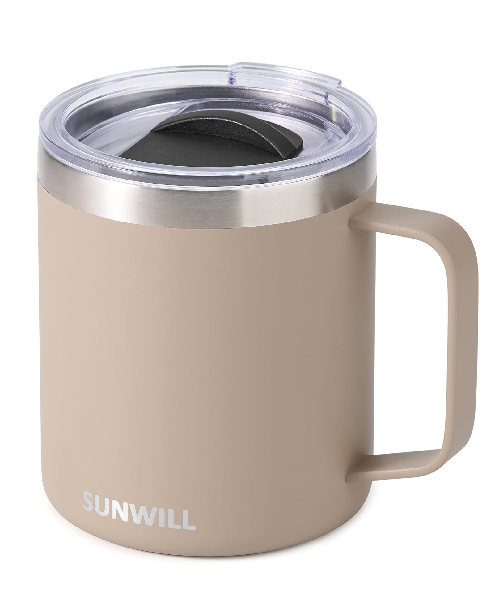 Sunwill Travel Coffee Mug front view in taupe 14oz, ideal for on-the-go use.