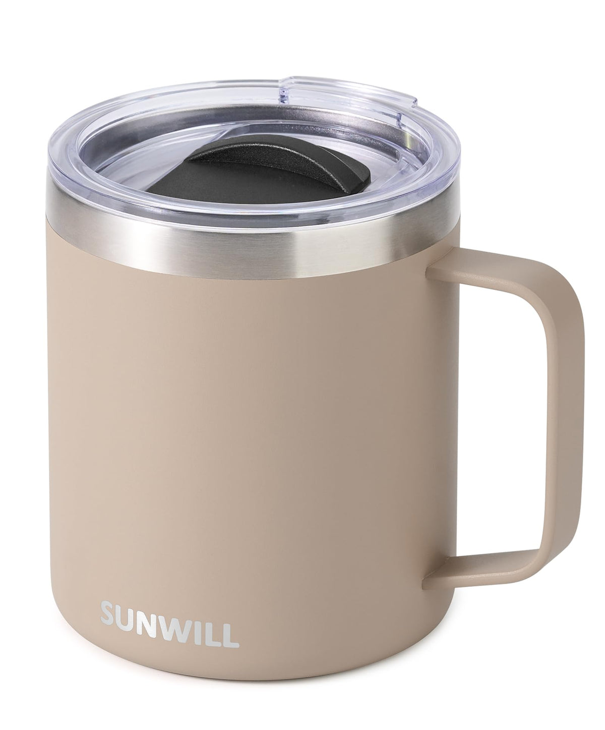 Sunwill Travel Coffee Mug front view in taupe 14oz, ideal for on-the-go use.