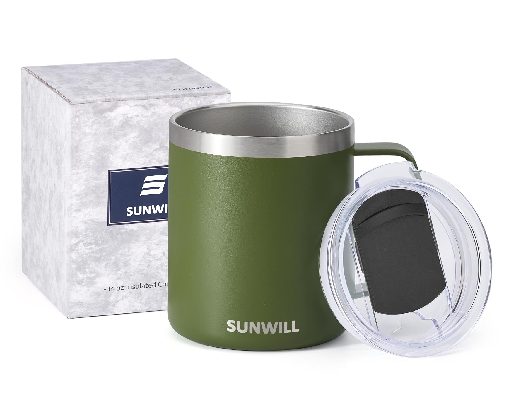 SUNWILL mug in camping setup demonstrates portable coffee solution for outdoors.