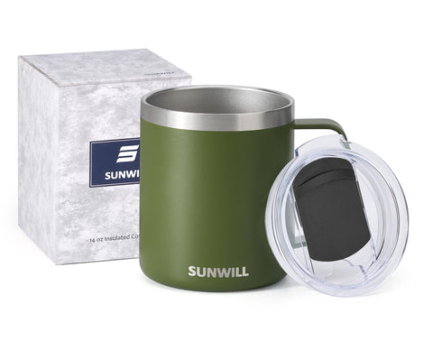 SUNWILL mug in camping setup demonstrates portable coffee solution for outdoors.