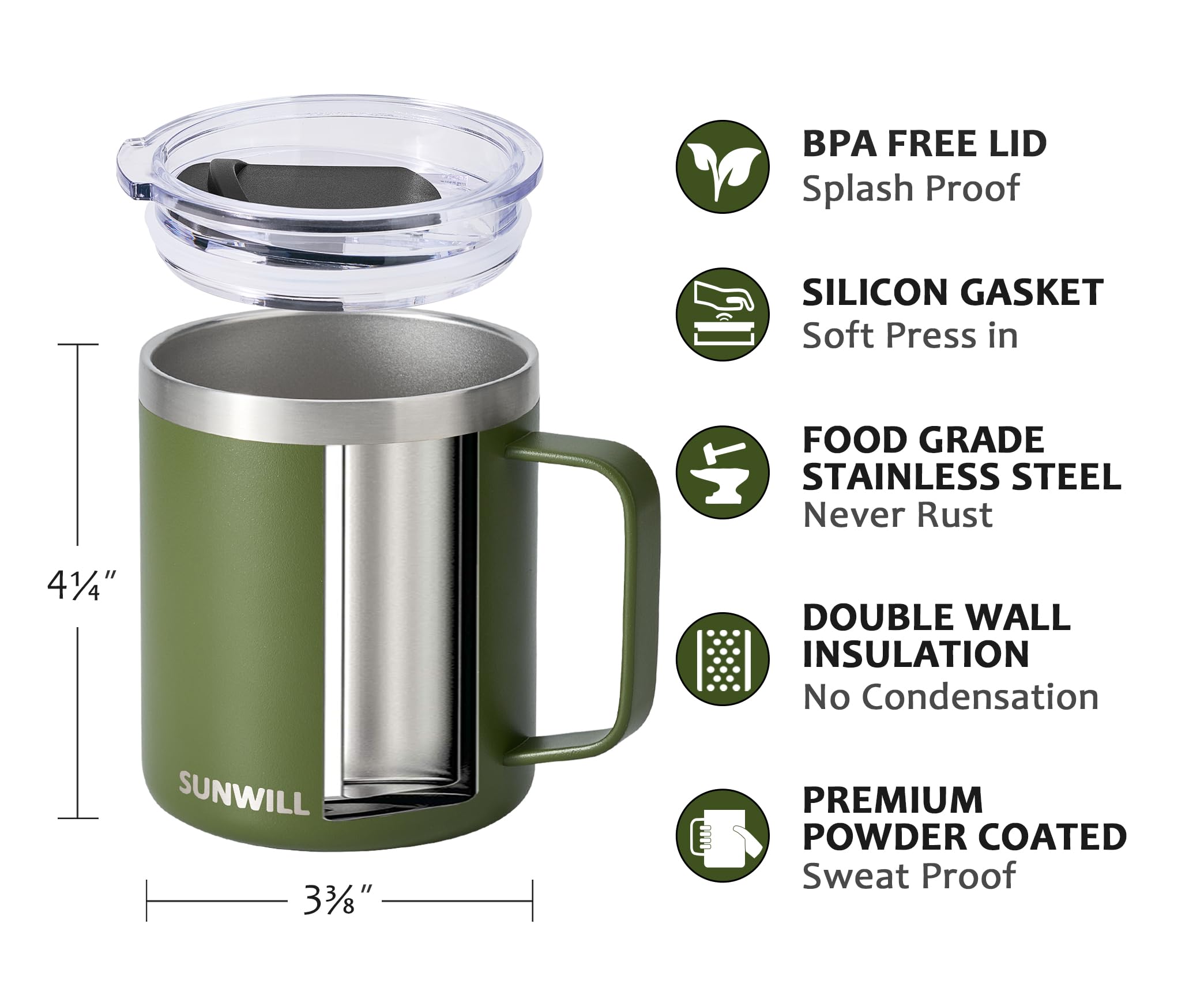 SUNWILL insulated mug side view highlighting double-wall design for hot or cold drinks.