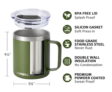 SUNWILL insulated mug side view highlighting double-wall design for hot or cold drinks.
