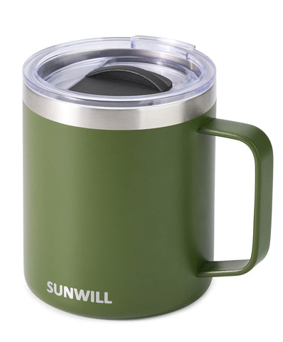 SUNWILL travel mug with lid in olive finish for on-the-go warmth and spill resistance.