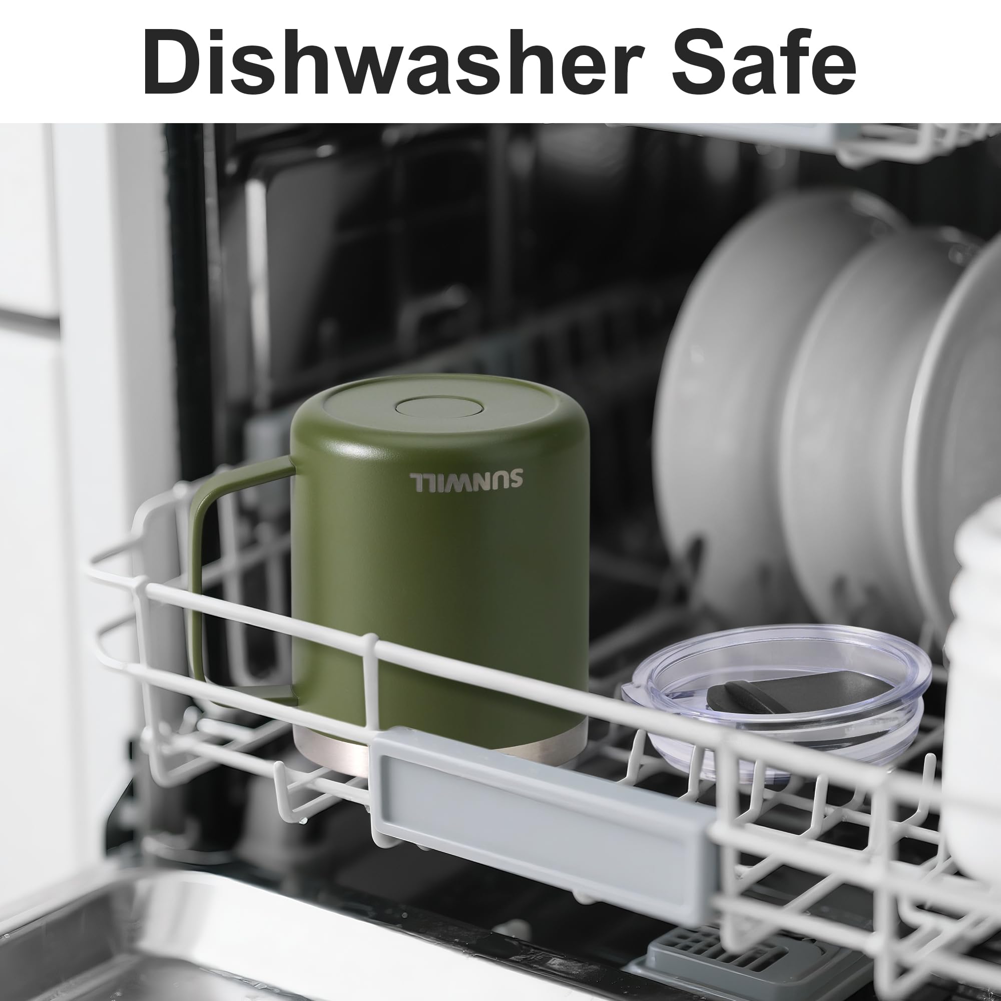 SUNWILL olive powder-coated mug displays scratch-resistant finish for outdoor use.