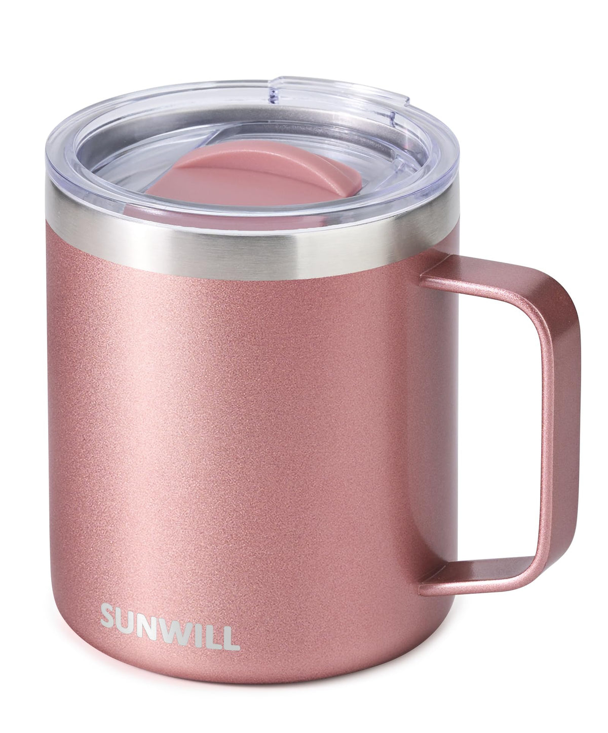 Sunwill travel mug with rose gold finish and comfortable handle for on-the-go coffee.