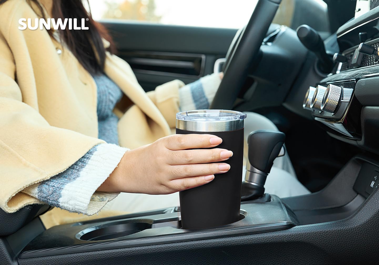 SUNWILL Travel Coffee Tumbler 20 oz fits most car cup holders for easy travel.