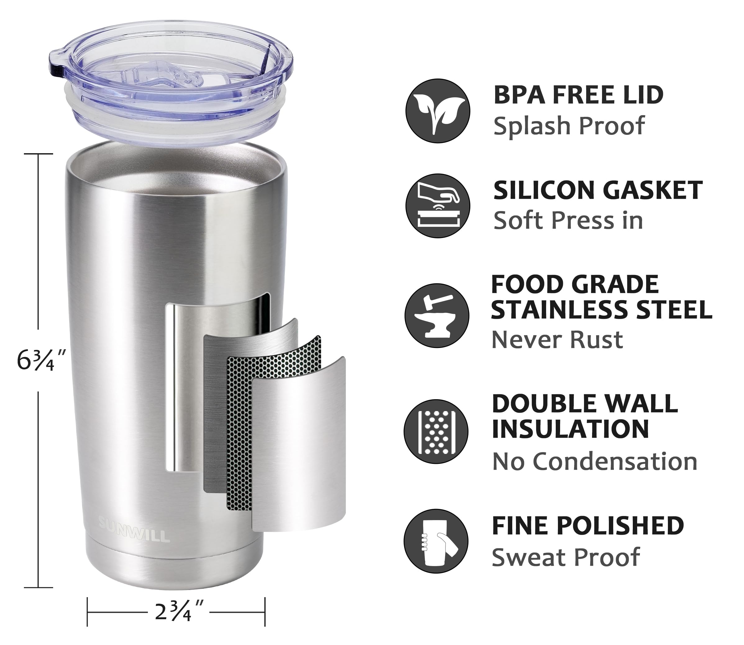 SUNWILL 20 oz stainless steel tumbler with double-wall insulation for cold drinks all day.