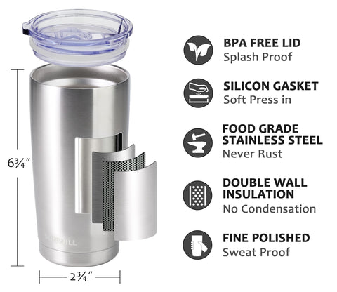 SUNWILL 20 oz stainless steel tumbler with double-wall insulation for cold drinks all day.