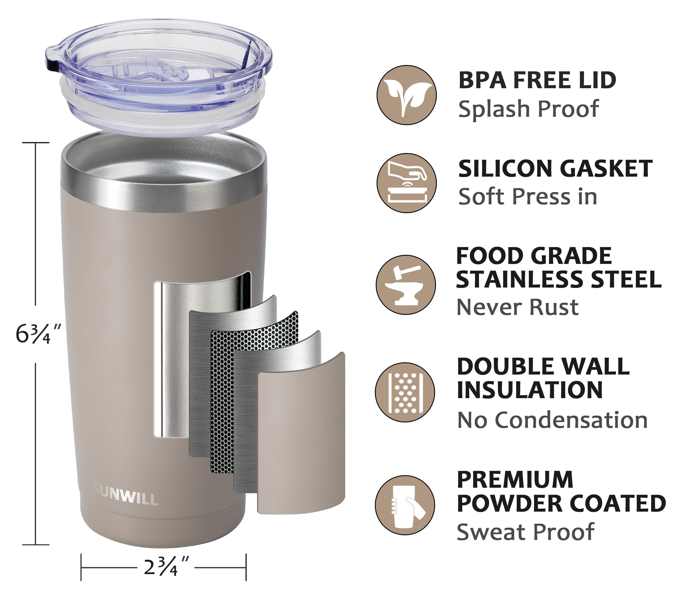 SUNWILL travel tumbler with insulated double-wall design for temperature control.