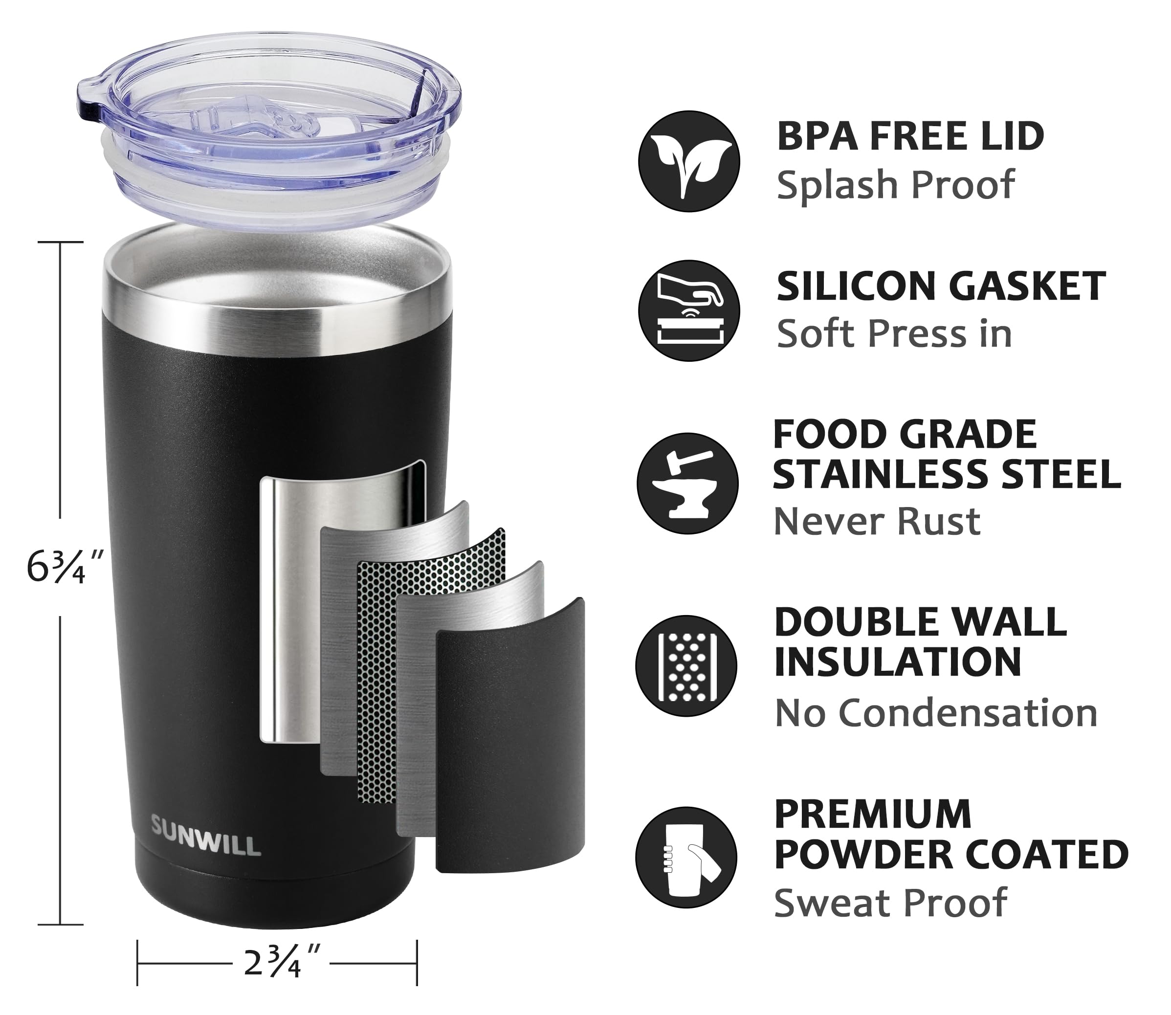 SUNWILL Travel Coffee Tumbler 20 oz lid detail showing spill-proof seal for busy commutes.