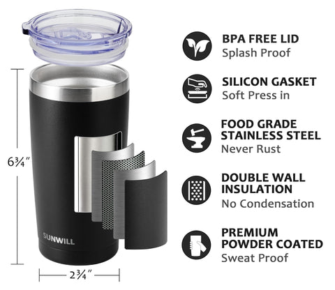SUNWILL Travel Coffee Tumbler 20 oz lid detail showing spill-proof seal for busy commutes.