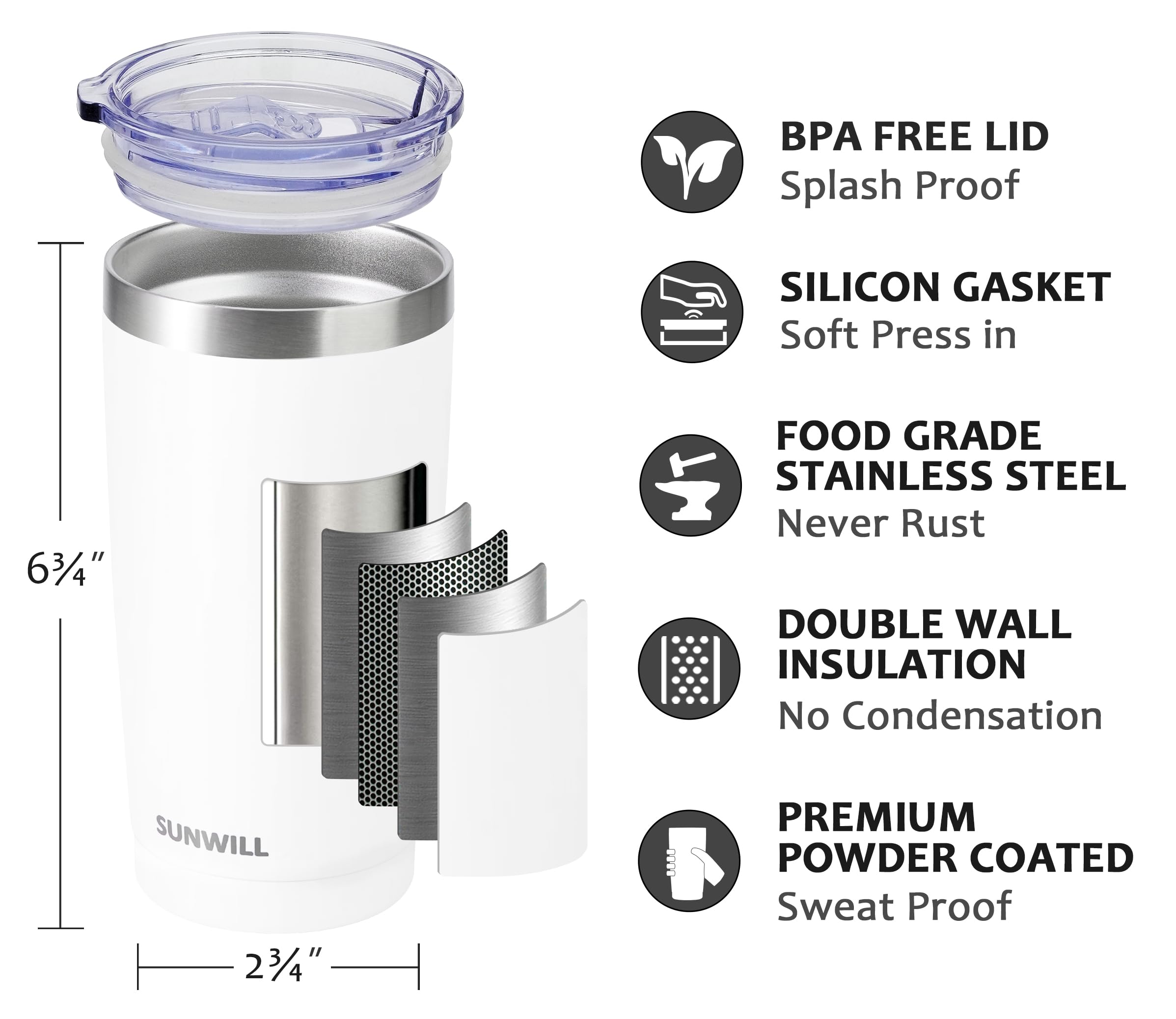 SUNWILL Travel Coffee Tumbler 20 oz stainless steel body, durable and rust-free for daily use