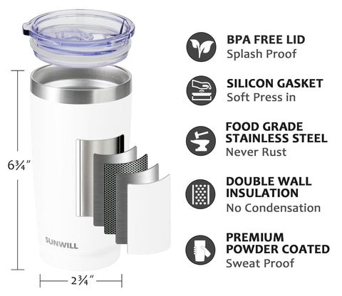 SUNWILL Travel Coffee Tumbler 20 oz stainless steel body, durable and rust-free for daily use