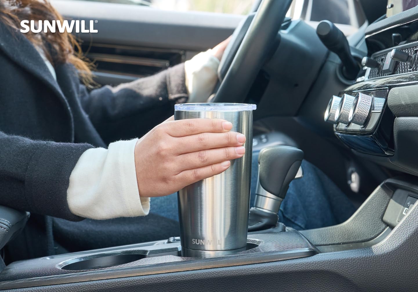 SUNWILL travel tumbler with stylish silver finish, a thoughtful gift for friends.