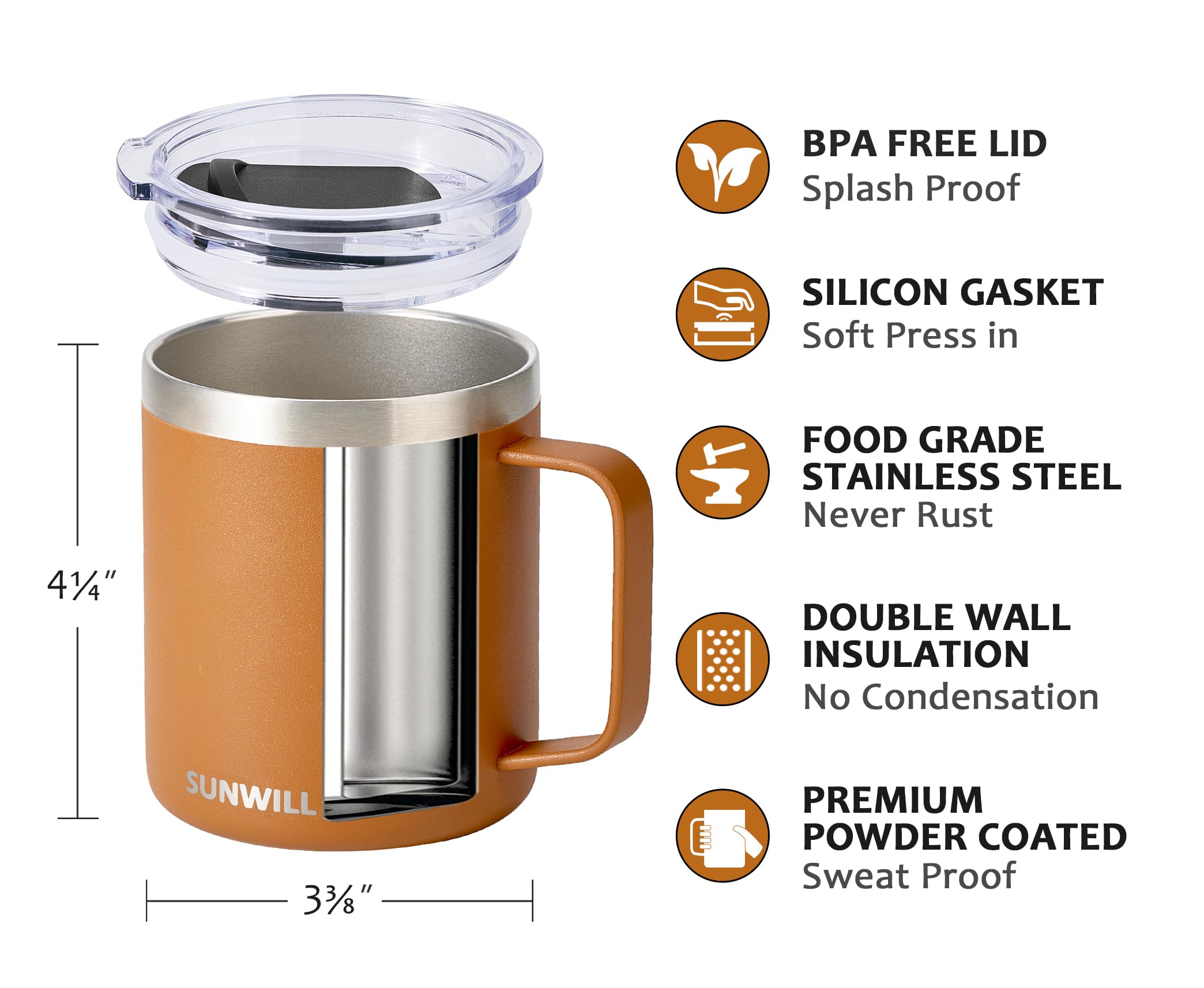SUNWILL travel tumbler with handle keeps drinks at temperature during commutes.