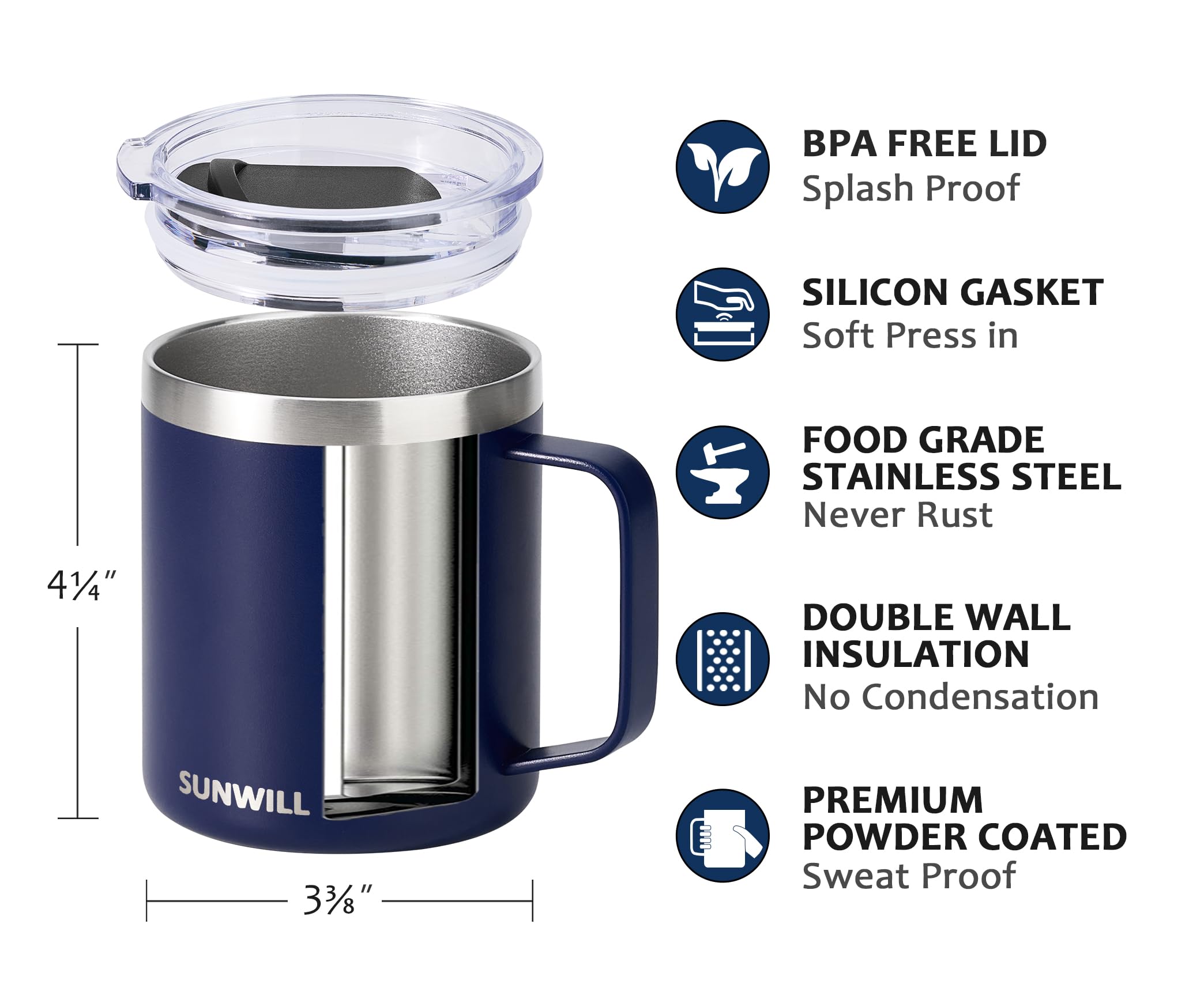 SUNWILL travel tumbler with handle navy blue for easy commuting.