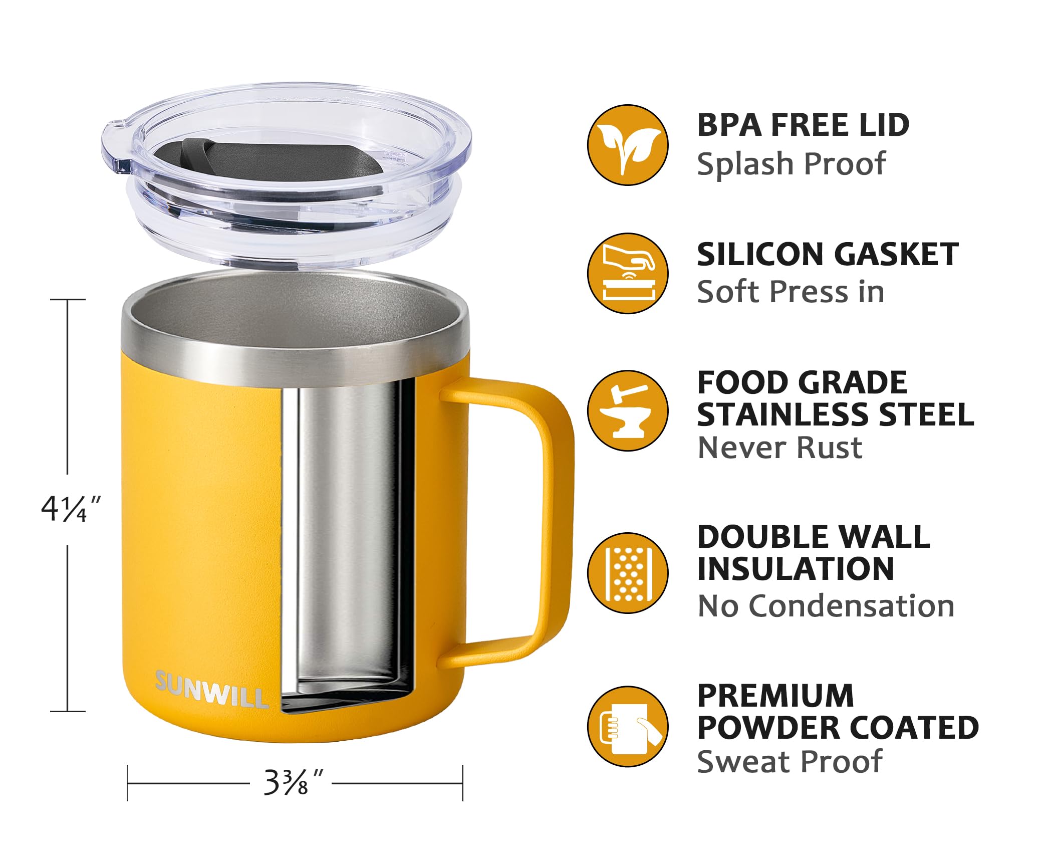 Sunwill travel tumbler in yellow with secure lid for spill-free commuting.