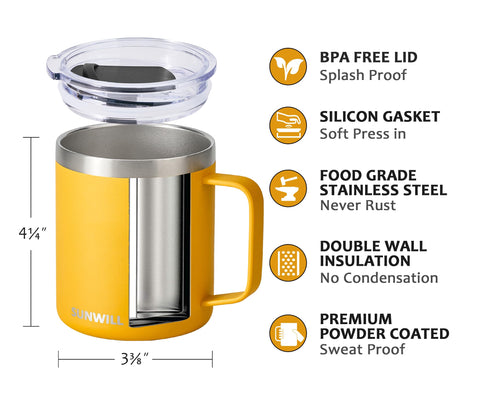 Sunwill travel tumbler in yellow with secure lid for spill-free commuting.