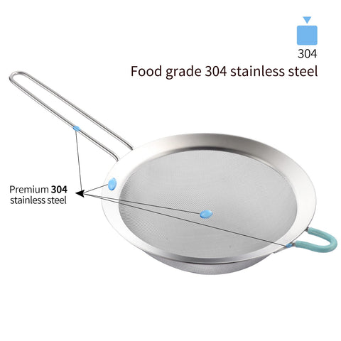 Sunwukin stainless-steel strainer showing fixed mesh and reinforced rim for durability.