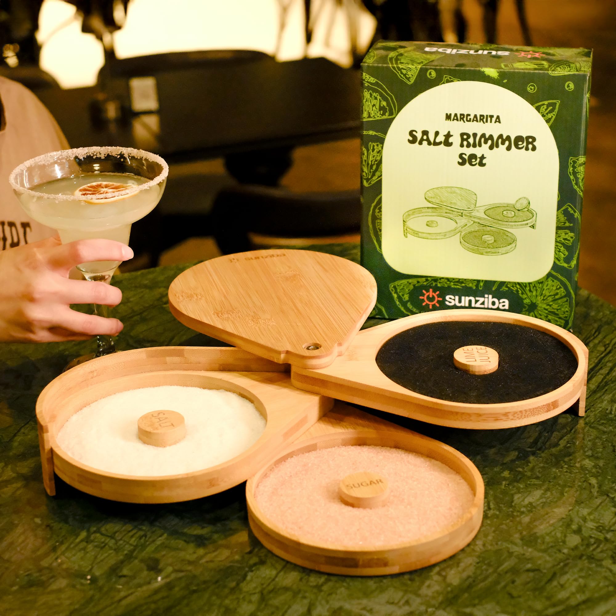 Sunziba salt rimmer closeup with margarita salt for precise, consistent rims.