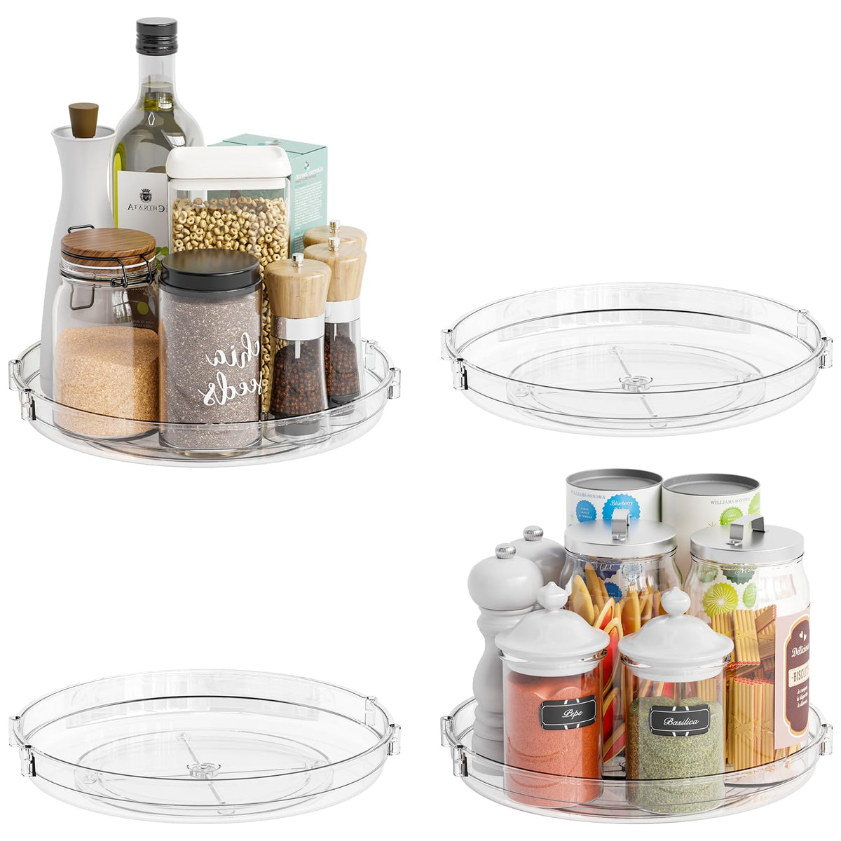 SuoXing 4-pack rotating lazy susan in cabinet showing two-tier setup for easy access to spices