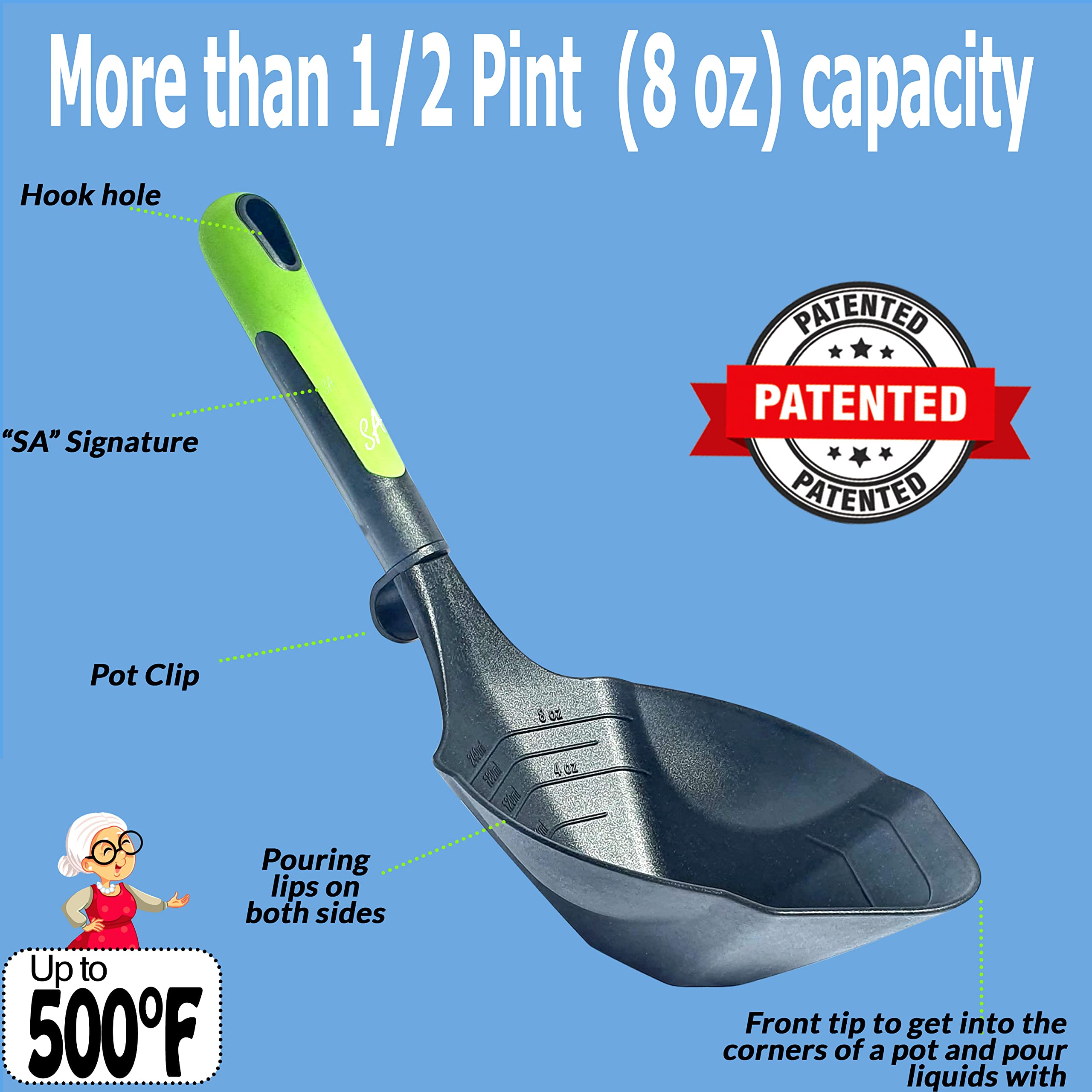 Supa Ant 8 oz ladle showing large capacity for batch soups and sauces