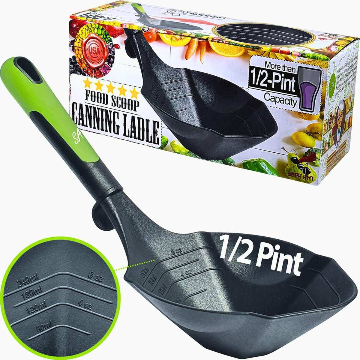 Supa Ant Soup Ladle with angled scoop for reaching pot corners during serving