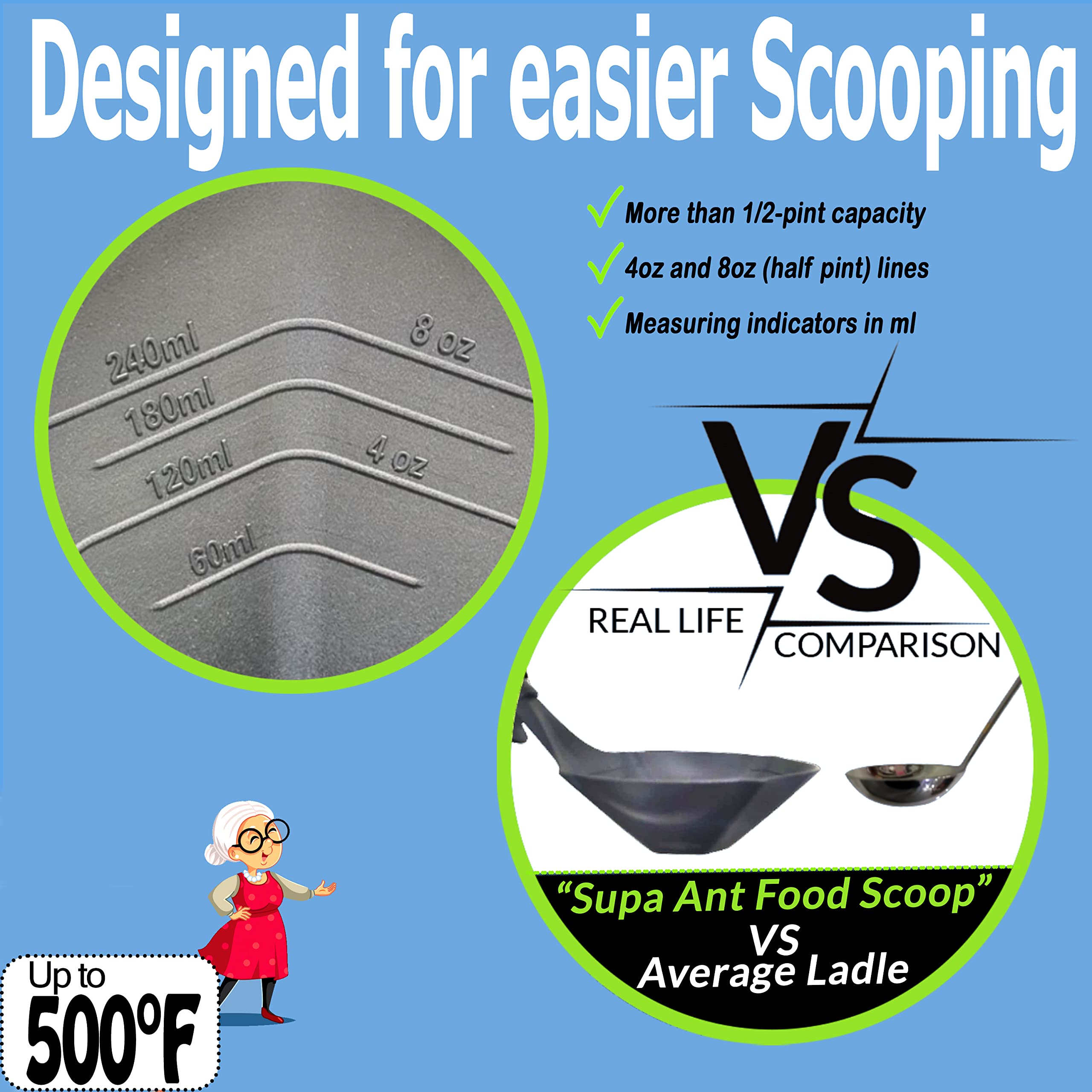 Supa Ant ladle with pour spout for controlled pouring from stock pots