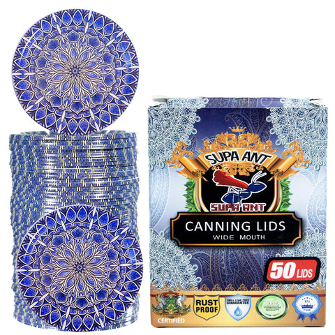 Supa Ant thickest wide-mouth lids with blue wall plate design for secure jars.