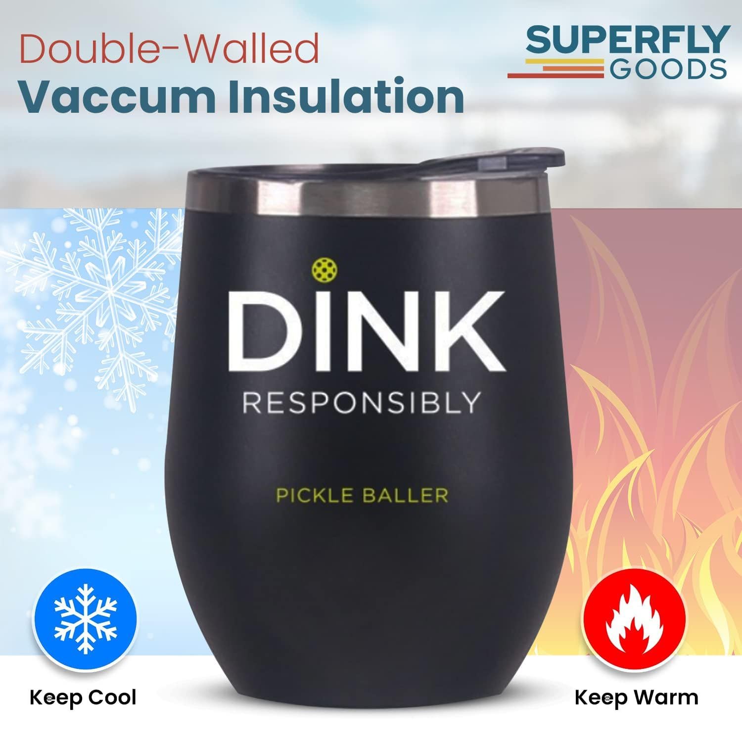 Super Fly Goods 12 oz tumbler keeps morning coffee hot during commutes to games.