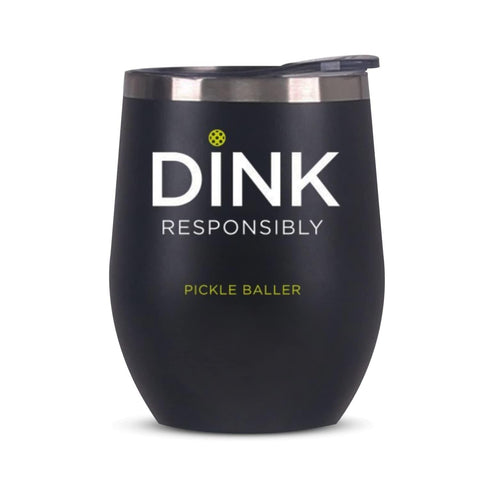 Super Fly Goods Dink Responsibly 12 oz tumbler on court for hot coffee or cold drinks.