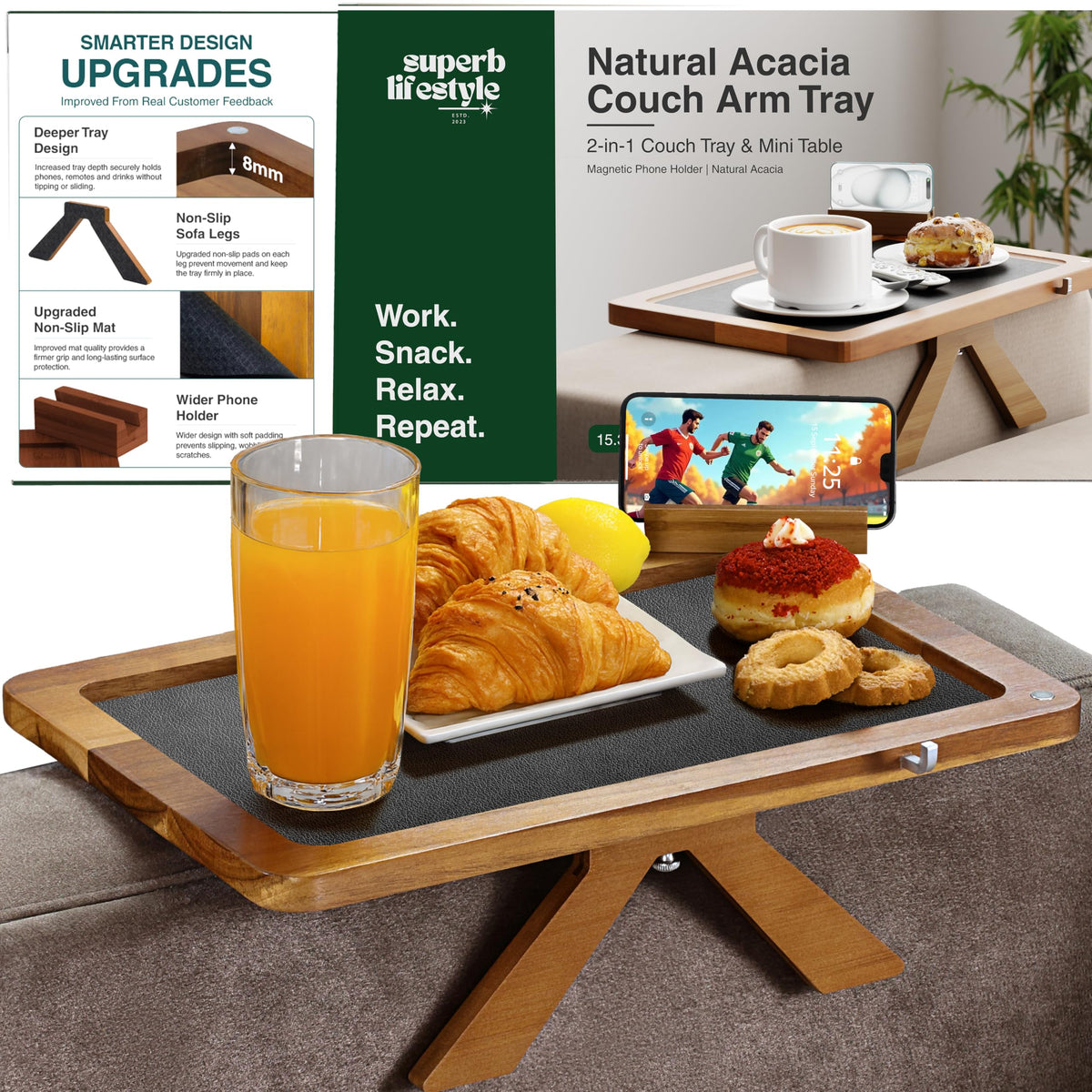 Superb Lifestyle Acacia Couch Arm Tray on sofa front view for easy snacks and drinks
