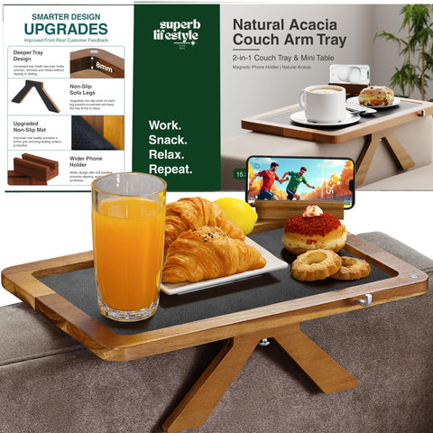 Superb Lifestyle Acacia Couch Arm Tray on sofa front view for easy snacks and drinks