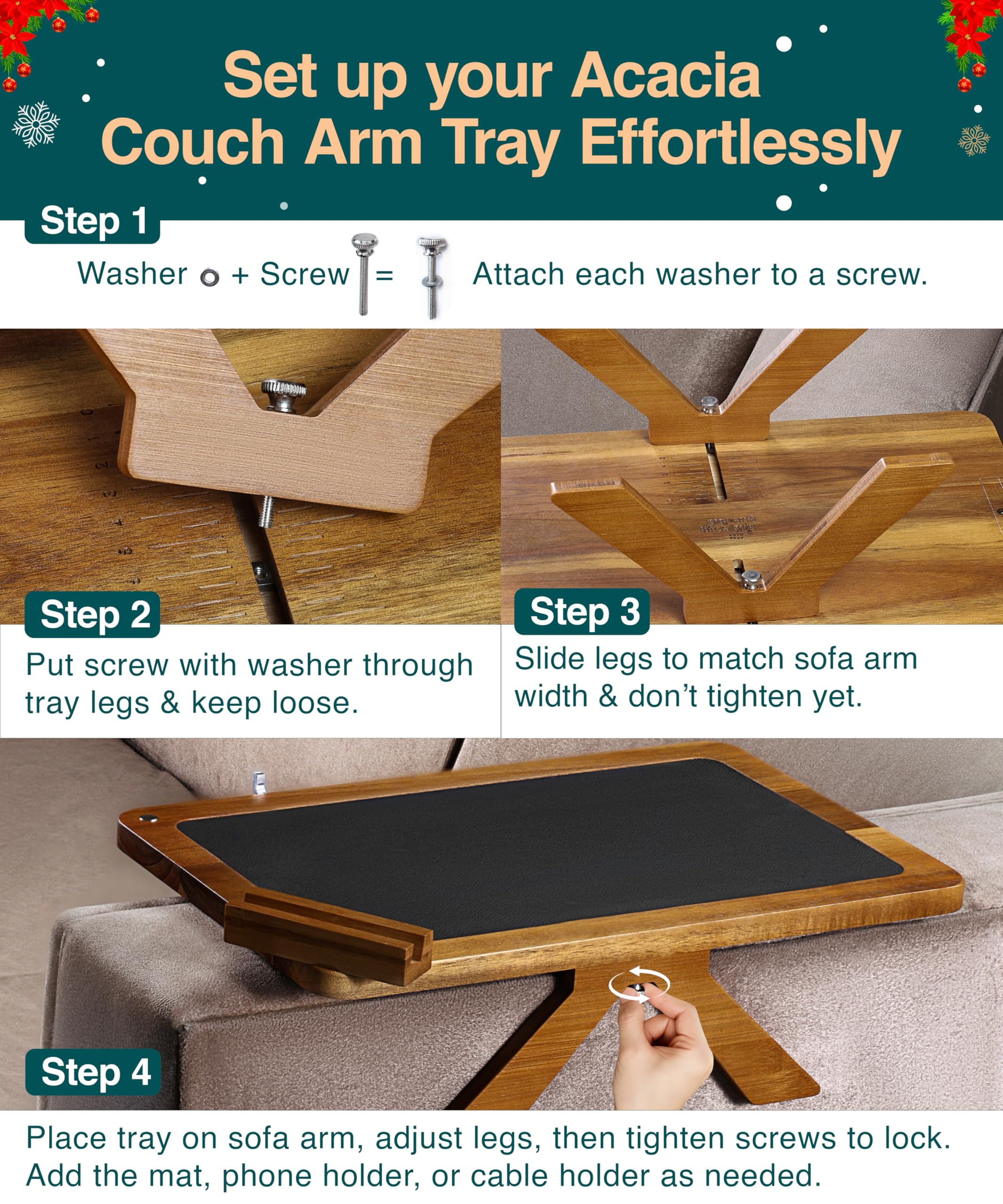 Superb Lifestyle Acacia Couch Arm Tray close-up of non-slip mat protecting surfaces