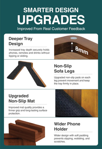 Superb Lifestyle Acacia Couch Arm Tray side view showing stable fit on the armrest