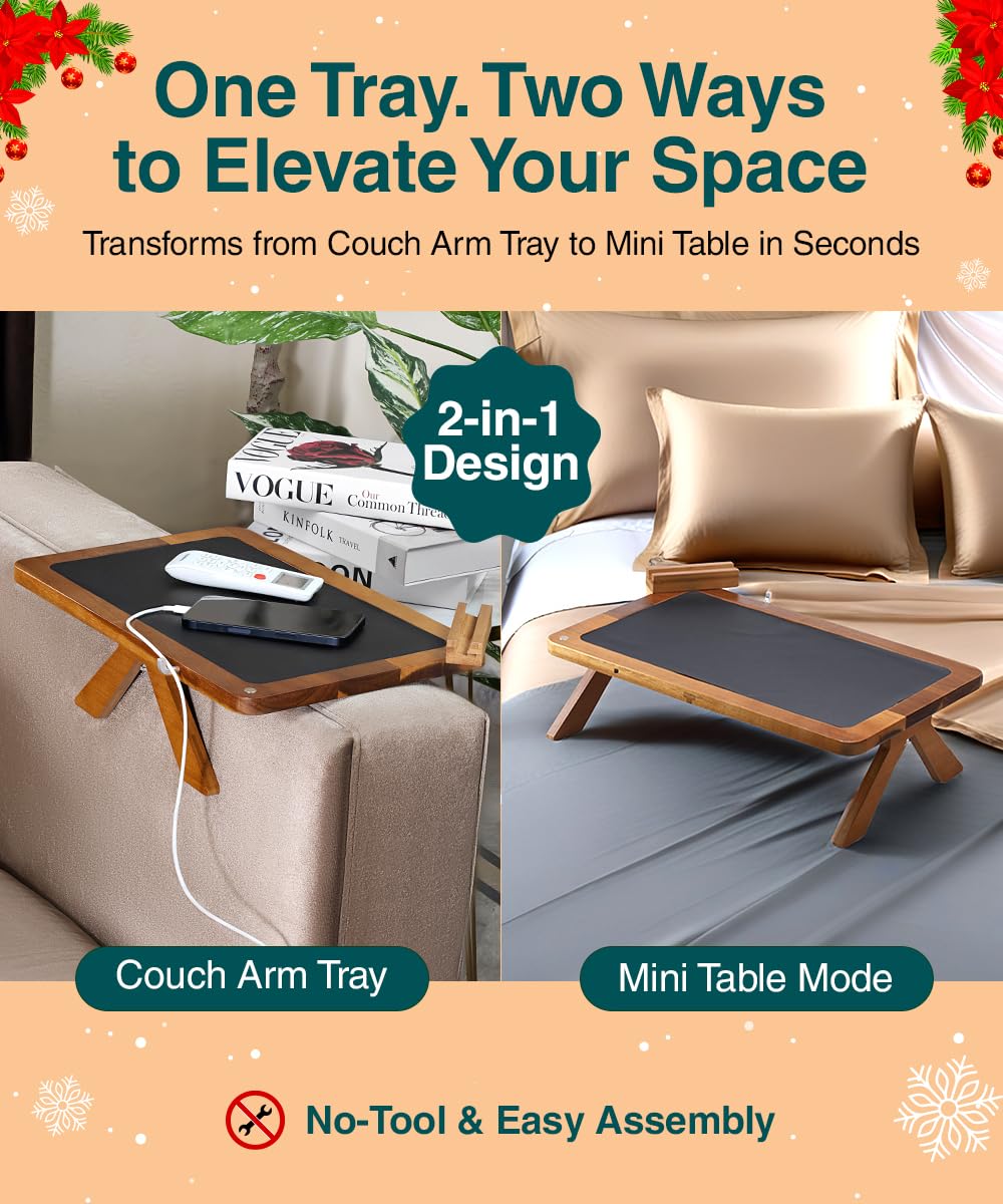 Superb Lifestyle Acacia Couch Arm Tray featuring a wire holder for cables