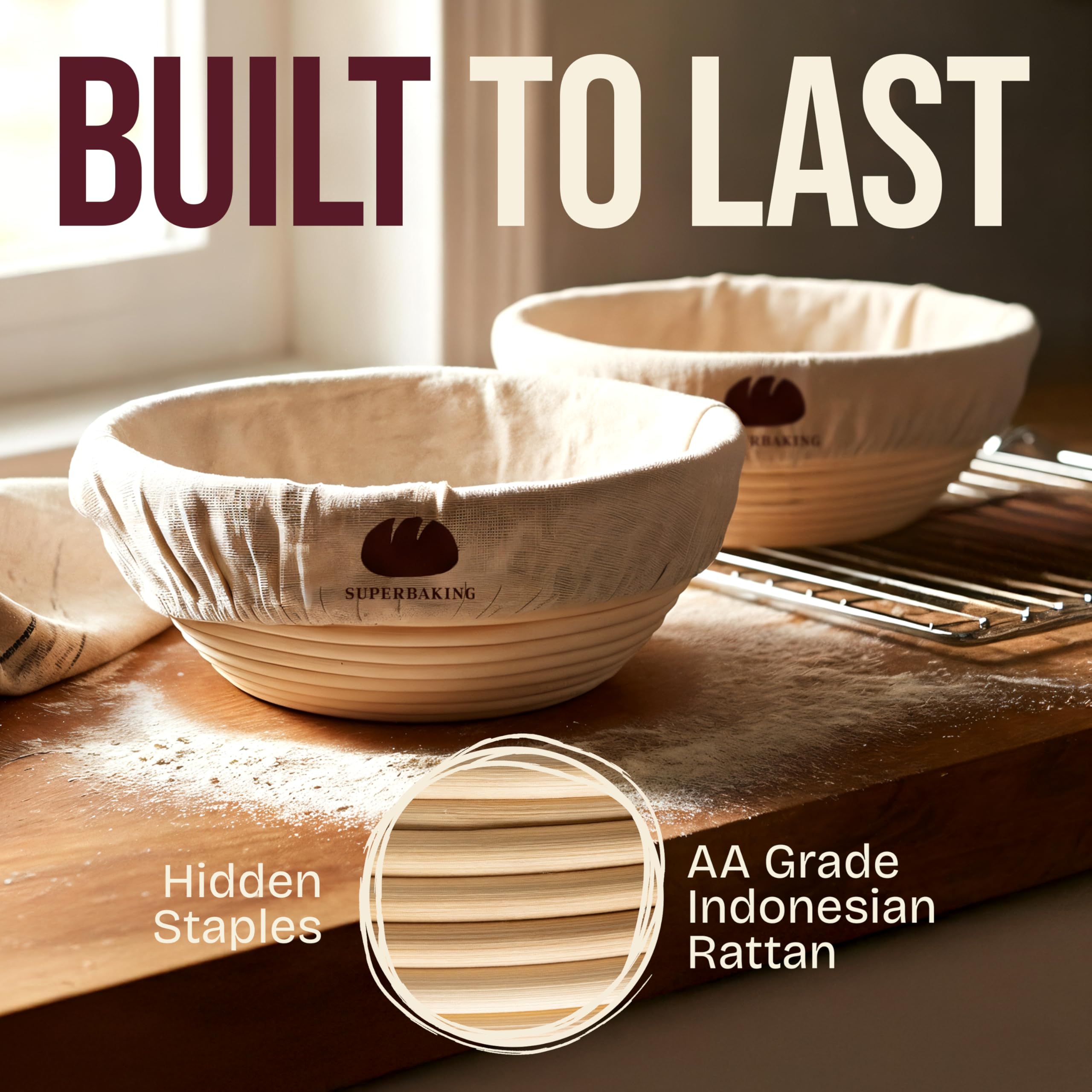 Superbaking Banneton round basket with splinter free finish for safe release